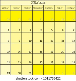 CALENDAR PLANNER MONTH JULY 2018 ON THREE SHADES OF YELLOW COLOR BACKGROUND 