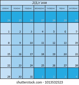 CALENDAR PLANNER MONTH JULY 2018 ON THREE SHADES OF BLUE COLOR BACKGROUND 