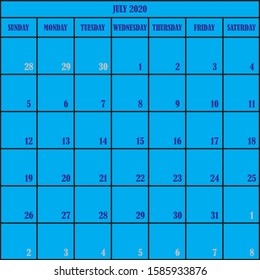 CALENDAR PLANNER MONTH JULY 2020 ON BLUE BACKGROUND
