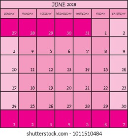 CALENDAR PLANNER MONTH JUNE 2018 ON TRANSPARENT BACKGROUND