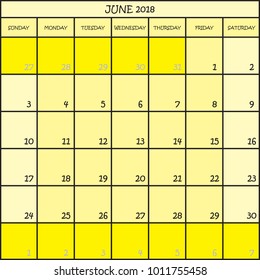 CALENDAR PLANNER MONTH JUNE 2018 ON THREE SHADES OF YELLOW COLOR BACKGROUND 