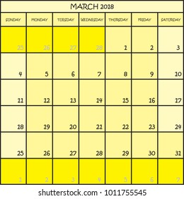 CALENDAR PLANNER MONTH MARCH 2018 ON THREE SHADES OF YELLOW COLOR BACKGROUND 