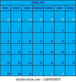 CALENDAR PLANNER MONTH MARCH 2020 ON BLUE BACKGROUND