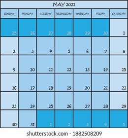 CALENDAR PLANNER MONTH MAY 2021 ON THREE SHADES OF BLUE COLOR BACKGROUND 