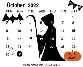 Calendar planner for the month October 2022, deadline day..Isolate on white background copy space for your text. Decorating by Halloween festival such as pumpkins spider bad angel of dead