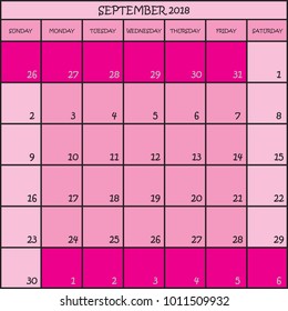 CALENDAR PLANNER MONTH SEPTEMBER 2018 ON TRANSPARENT BACKGROUND