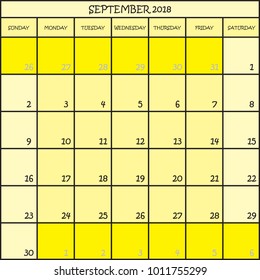 CALENDAR PLANNER MONTH SEPTEMBER 2018 ON THREE SHADES OF YELLOW COLOR BACKGROUND 