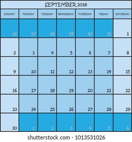 CALENDAR PLANNER MONTH SEPTEMBER 2018 ON THREE SHADES OF BLUE COLOR BACKGROUND 