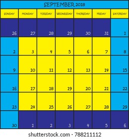 CALENDAR PLANNER MONTH SEPTEMBER 2018 ON TRANSPARENT BACKGROUND