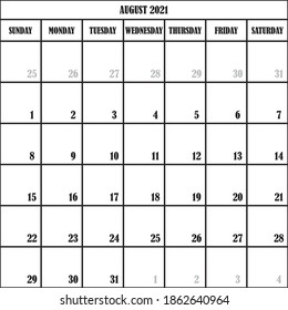 CALENDAR PLANNER MONTH SUGUST 2021 ON TRANSPARENT BACKGROUND DESIGNER CUT