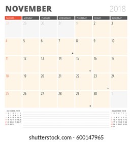 Calendar Planner for November 2018. Design Template. Week Starts on Sunday. 3 Months on the Page