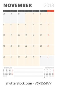 Calendar Planner for November 2018. Print Design Template. Week Starts on Monday. Vector Illustration. Stationery Design