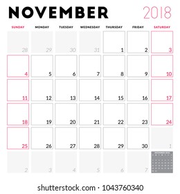 Calendar planner for November 2018. Week starts on Sunday. Printable vector design template. Stationery design