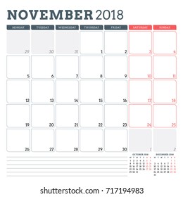 Calendar planner for November 2018. Week starts on Monday. Printable vector design template. Stationery design
