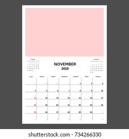 Calendar Planner for November 2018. Week starts on Sunday. Template with place for photo.