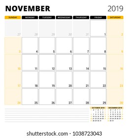 Calendar planner for November 2019. Stationery design template. Week starts on Sunday. 3 months on the page. Vector illustration