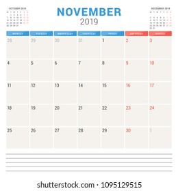Calendar planner for November 2019. Week starts on Monday. Printable vector stationery design template