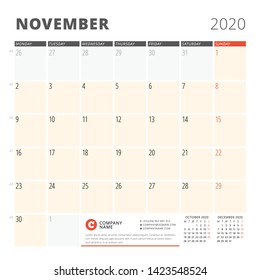 Calendar planner for November 2020. Stationery design template. Week starts on Monday. 3 months on the page. Vector illustration