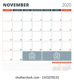 Calendar planner for November 2020. Stationery design template. Week starts on Sunday. Vector illustration