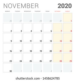 Calendar planner for November 2020. Week starts on Monday. Printable vector stationery design template