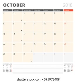 Calendar Planner for October 2018. Design Template. Week Starts on Monday. 3 Months on the Page. Phases of the Moon.