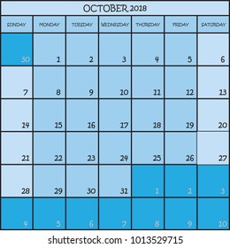 CALENDAR PLANNER OCTOBER 2018 ON THREE SHADES OF BLUE COLOR BACKGROUND 