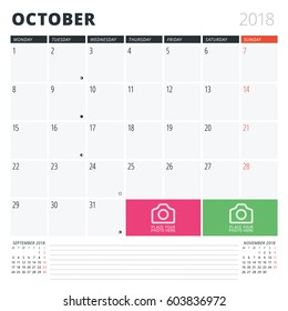 Calendar Planner for October 2018. Print Design Template. Week Starts on Monday. Vector Illustration. Stationery Design