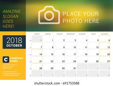 Calendar Planner for October 2018. Vector Design Template with Place for Photo. Week Starts on Sunday. Calendar Grid with Week Numbers