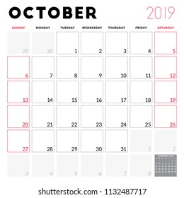 Calendar planner for October 2019. Week starts on Sunday. Printable vector stationery design template