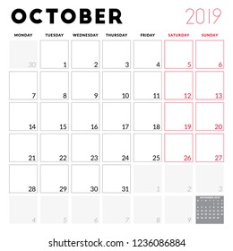 Calendar planner for October 2019. Week starts on Monday. Printable vector stationery design template