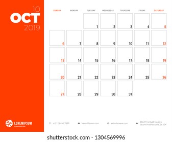 Calendar planner for October 2019. Week starts on Sunday. Printable vector stationery design template