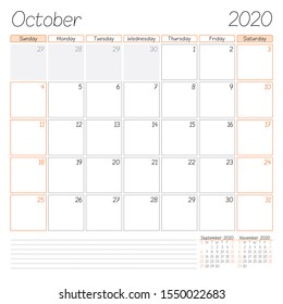 Calendar planner for October 2020. Week starts on Sunday. Vector illustration