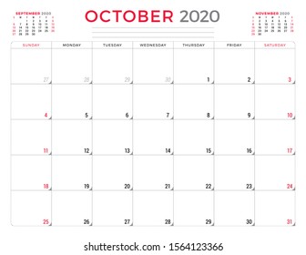 Calendar planner for October 2020. Week starts on Sunday. Printable vector stationery design template