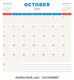 Calendar planner for October 2021. Week starts on Sunday. Printable vector stationery design template