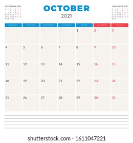 Calendar planner for October 2021. Week starts on Monday. Printable vector stationery design template