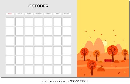 Calendar Planner October month. Minimalistic landscape natural backgrounds Autumn. Monthly template for diary business. Vector isolated