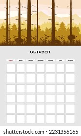 Calendar Planner October month. Minimalistic landscape natural backgrounds Autumn. Monthly template for diary business. Vector isolated