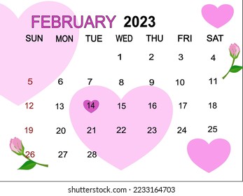 Calendar planner with pink heart for the 14 February Valentines’s day. Isolate on white background copy space for your text. 