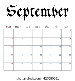 calendar planner for September 2017. handwritten name of month in the Gothic style. week starts Sunday. vector illustration isolated on a white background