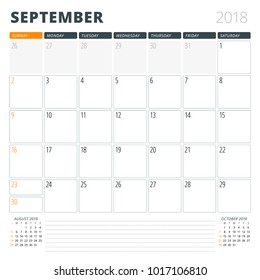 Calendar Planner For September 2018. Design Template. Week Starts On Sunday. 3 Months On The Page