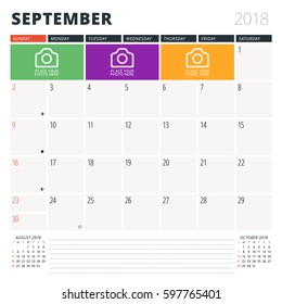 Calendar Planner for September 2018. Design Template. Week Starts on Sunday. 3 Months on the Page. Phases of the Moon.
