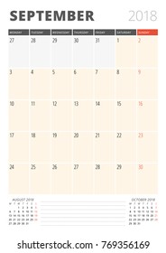 Calendar Planner for September 2018. Print Design Template. Week Starts on Monday. Vector Illustration. Stationery Design