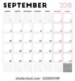 Calendar planner for September 2018. Week starts on Monday. Printable vector design template. Stationery design