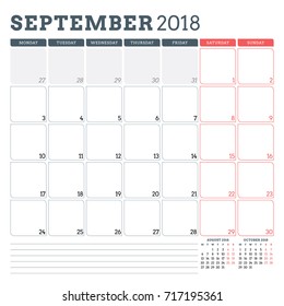 Calendar planner for September 2018. Week starts on Monday. Printable vector design template. Stationery design