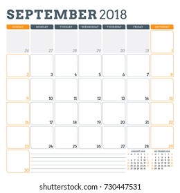 Calendar planner for September 2018. Week starts on Sunday. Printable vector design template. Stationery design