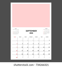 Calendar Planner for September 2018. Week starts on Sunday. Template with place for photo.