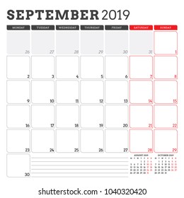 Calendar planner for September 2019. Week starts on Monday. Printable vector stationery design template