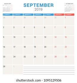 Calendar planner for September 2019. Week starts on Monday. Printable vector stationery design template