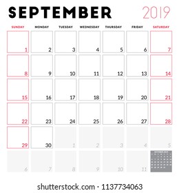 Calendar planner for September 2019. Week starts on Sunday. Printable vector stationery design template