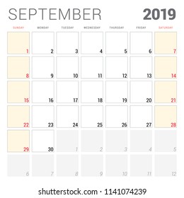 Calendar planner for September 2019. Week starts on Sunday. Printable vector stationery design template